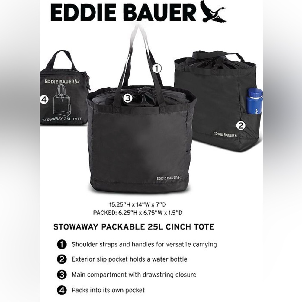 NWT Eddie Bauer Stowaway 25L Cinch Ripstop Nylon Tote in Onyx (black) - Picture 5 of 6